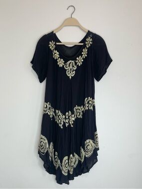 Whimsigoth festival Embroidered Mini Dress Boho Witchcore Flowy Black & Gold M